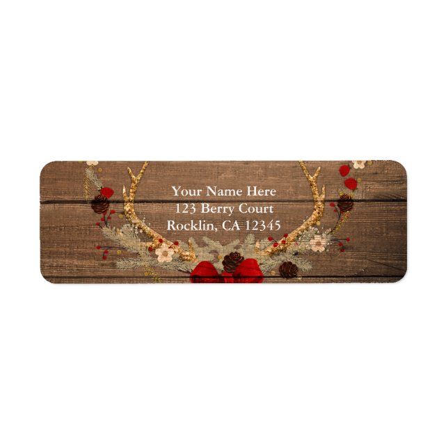 Rustic Christmas Antler Wreath Wood & Lights Return Address Label (Front)