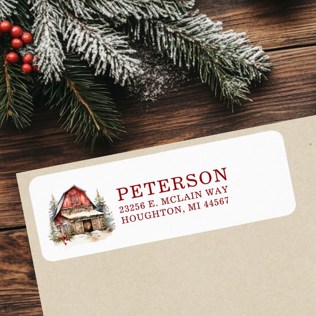 Rustic Christmas Barn Return Address Label (Creator Uploaded)