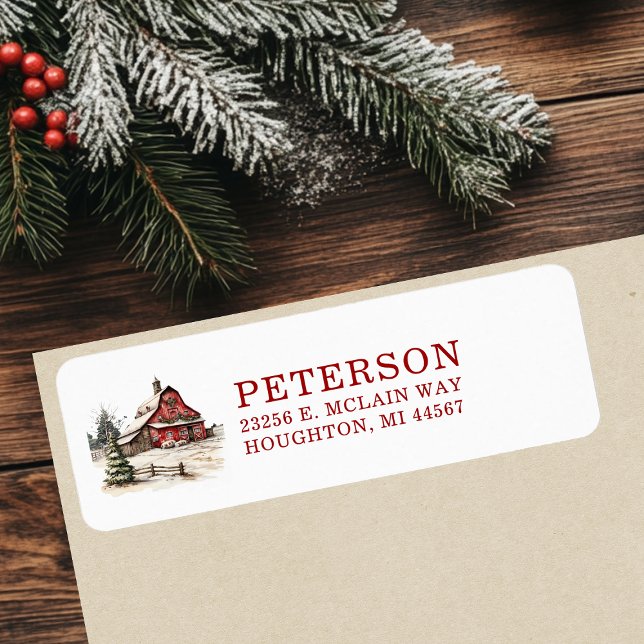 Rustic Christmas Barn Return Address Label (Creator Uploaded)