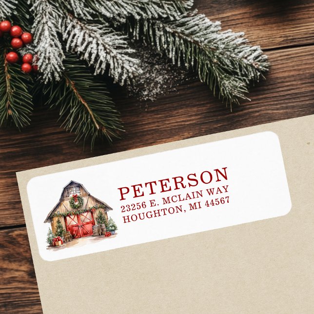 Rustic Christmas Barn Return Address Label (Creator Uploaded)