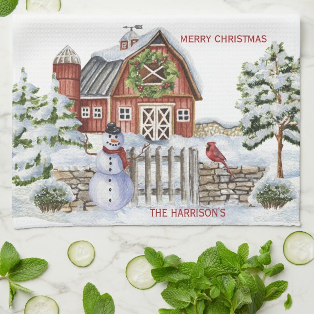 Rustic Christmas Barn Scene Snowman, Snow, Bird Tea Towel (Folded)