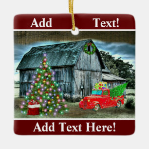 Rustic Christmas Barn Truck Christmas Tree at Farm Ceramic Ornament