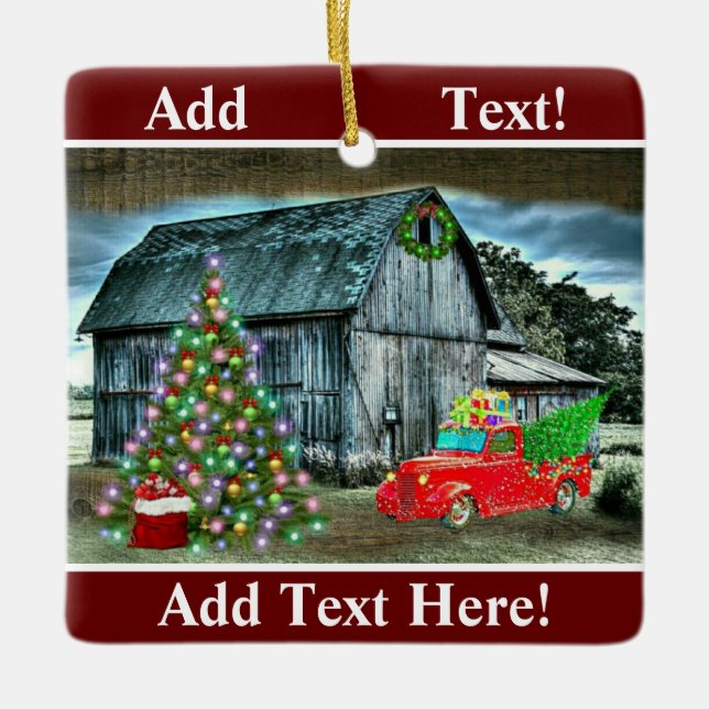 Rustic Christmas Barn Truck Christmas Tree at Farm Ceramic Ornament (Front)