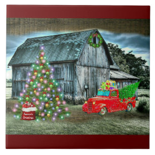 Rustic Christmas Barn Truck Christmas Tree at Farm Ceramic Tile
