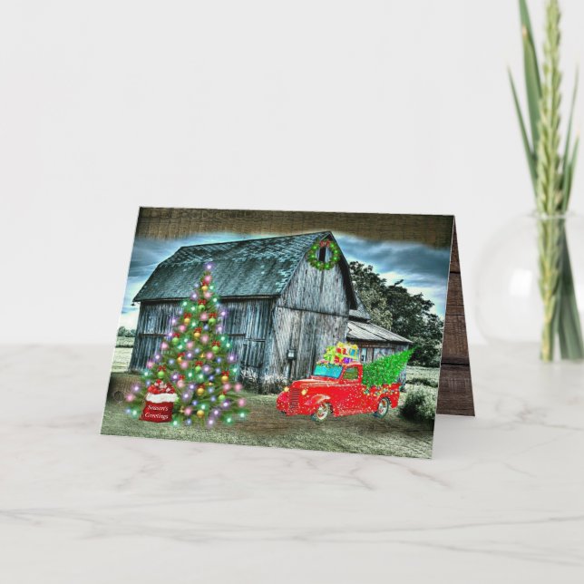 Rustic Christmas Barn Truck Christmas Tree at Farm Holiday Card (Front)