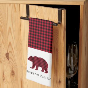 Rustic Christmas Bear Plaid Family Name Tea Towel