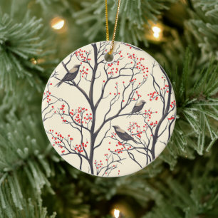 Rustic Christmas Birds Red Berry Cream Ceramic Ornament