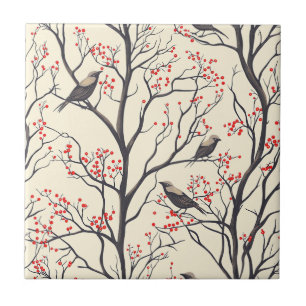 Rustic Christmas Birds Red Berry Cream Ceramic Tile