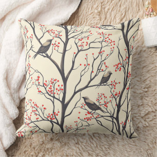 Rustic Christmas Birds Red Berry Cream Cushion