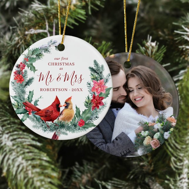 Rustic Christmas Birds Wreath Mr. & Mrs. Photo Ceramic Ornament (Creator Uploaded)