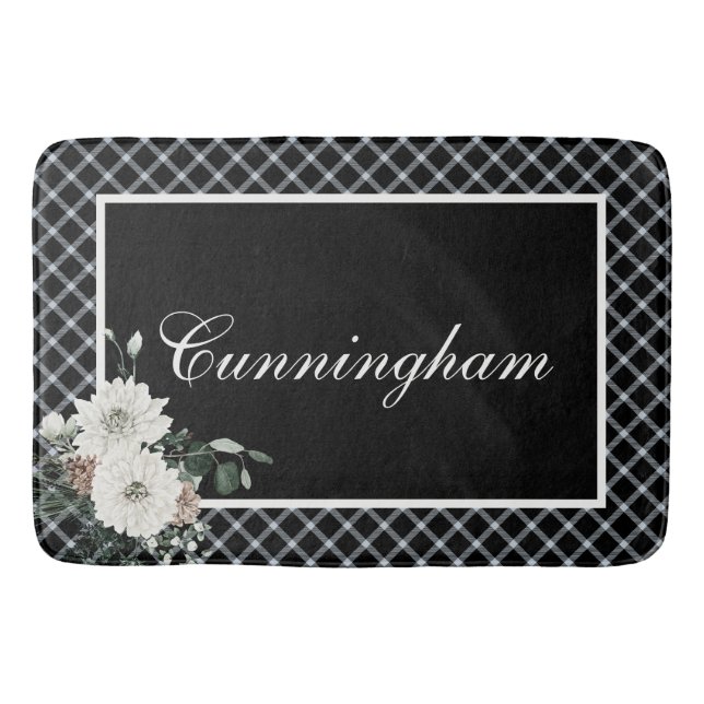 Rustic Christmas Black & White Plaid Name Pine Bath Mat (Front)