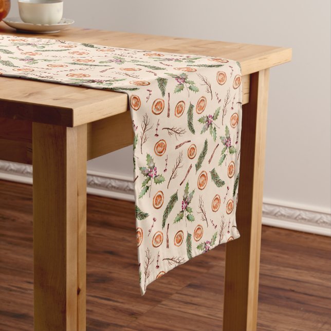 Rustic Christmas Botanical and Spice Pattern Medium Table Runner (In Situ)
