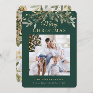 Rustic Christmas Botanical   Two Photo and Gold Holiday Card