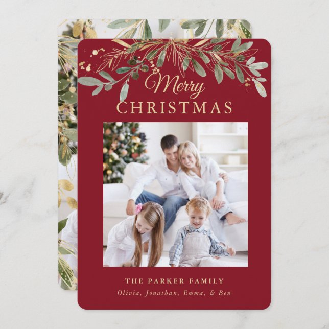 Rustic Christmas Botanical | Two Photo and Gold Holiday Card (Front/Back)