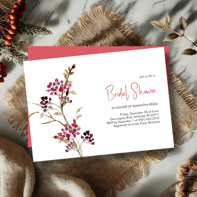 Rustic Christmas Bridal Shower Invitation (Rustic bridal shower invitations watercolor berries and botanicals)