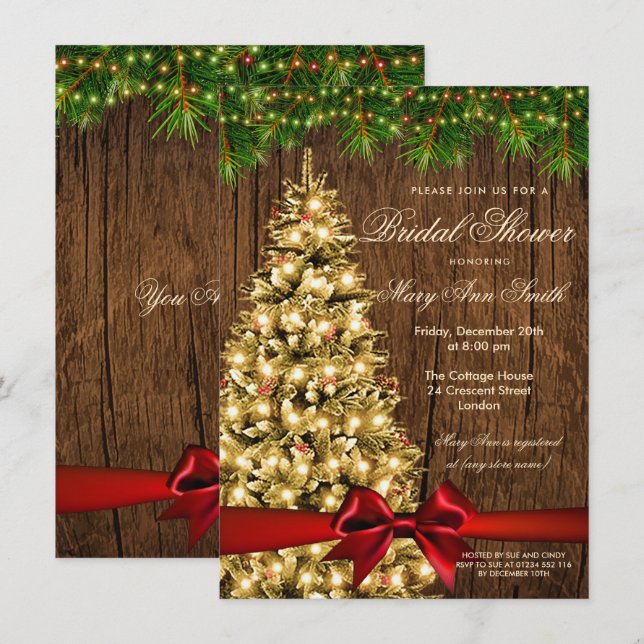Rustic Christmas Bridal Shower Tree & Ribbon Invitation (Front/Back)