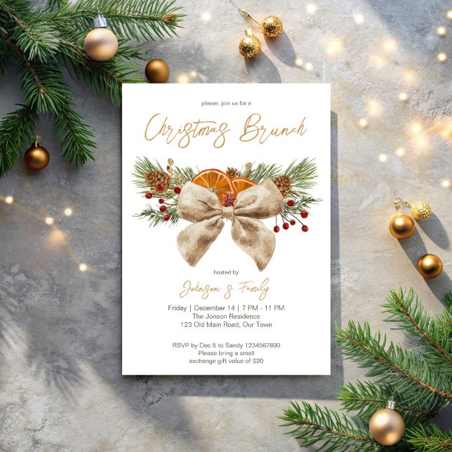 Rustic Christmas brunch pines bow berries Invitation (Rustic Christmas brunch party invitation pines bow berries citrus Christmas dinner party Invitation)