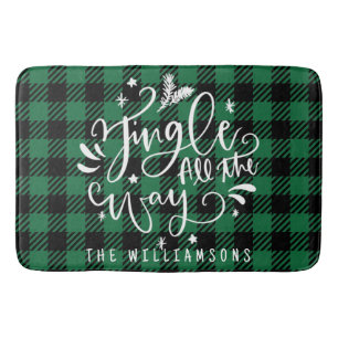 Rustic Christmas Buffalo Plaid Family Name  Bath Mat