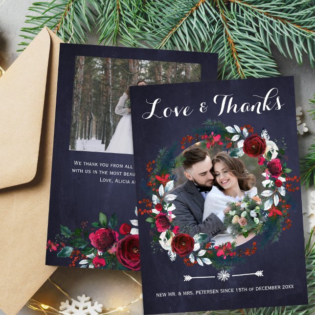 Rustic Christmas burgundy floral photo wedding Thank You Card (Creator Uploaded)