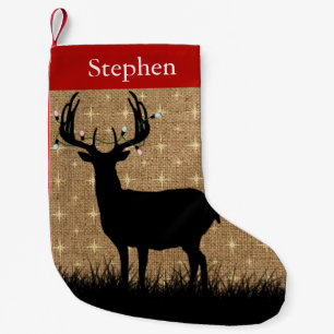 Rustic Christmas Burlap Deer Antlers Lights Name Small Christmas Stocking