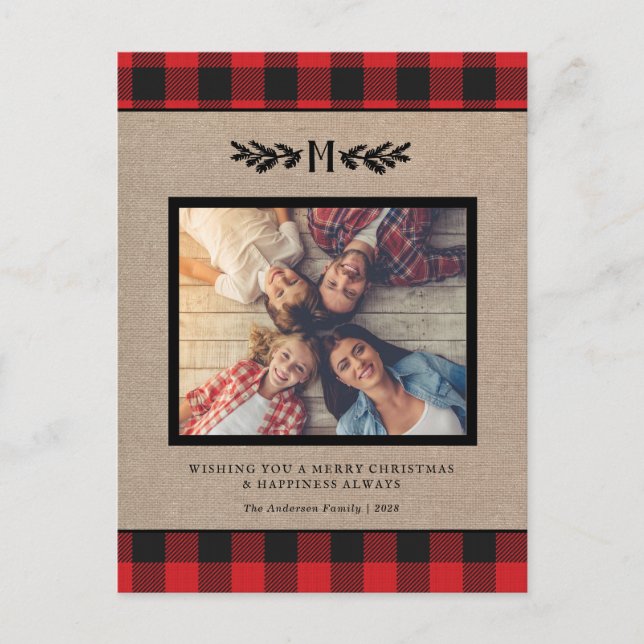 Rustic Christmas Burlap Monogram Photo Holiday  Po Postcard (Front)