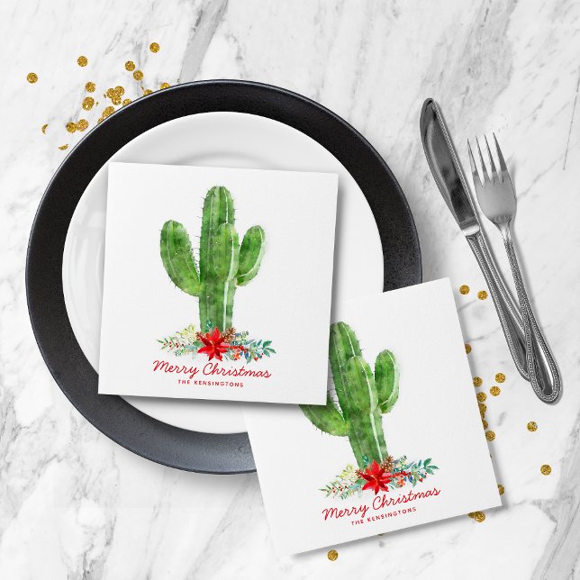 Rustic Christmas Cactus Holiday Floral Napkin (Rustic Christmas Cactus Holiday Floral Napkins)
