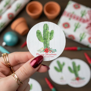 Rustic Christmas Cactus White Wood Holiday Classic Round Sticker