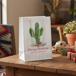 Rustic Christmas Cactus White Wood Holiday Medium Gift Bag