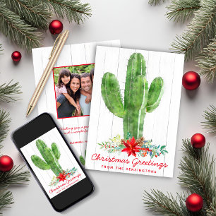 Rustic Christmas Cactus Wood Holiday Photo Card