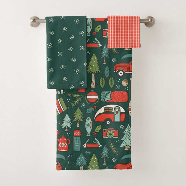 Rustic Christmas Camping and Fishing Bath Towel Set (Insitu)