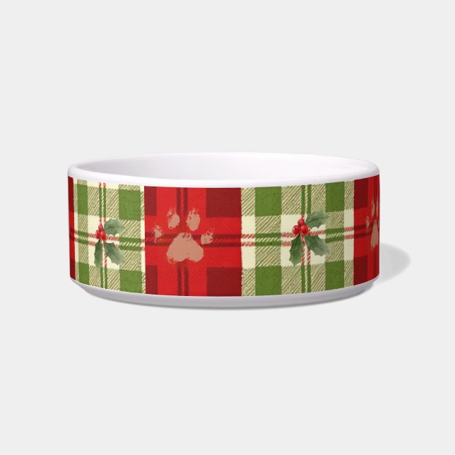 Rustic Christmas Cat Bowl – Festive Red, Green (Front)