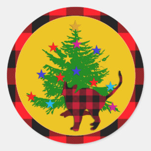 Rustic Christmas Cat, Tree and Red Buffalo plaid Classic Round Sticker