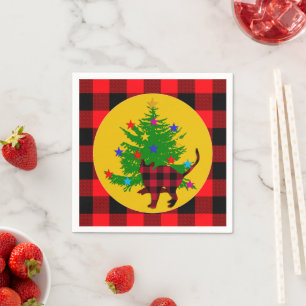 Rustic Christmas Cat, Tree and Red Buffalo plaid Napkin
