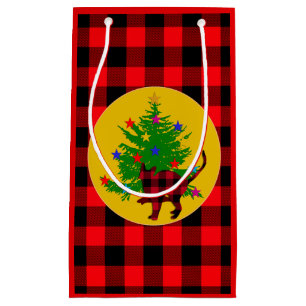 Rustic Christmas Cat, Tree and Red Buffalo plaid Small Gift Bag
