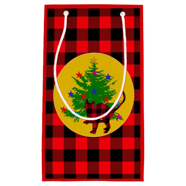 Rustic Christmas Cat, Tree and Red Buffalo plaid Small Gift Bag (Front)