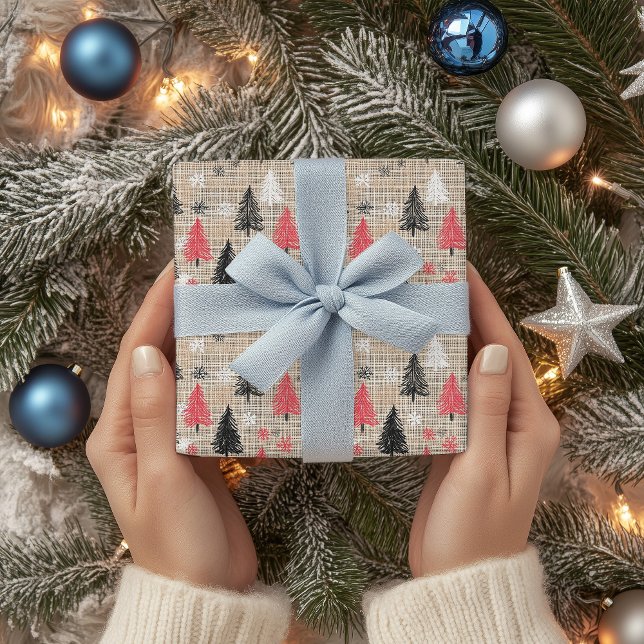 Rustic Christmas Clipart with Trees & Snowflakes Wrapping Paper (Creator Uploaded)