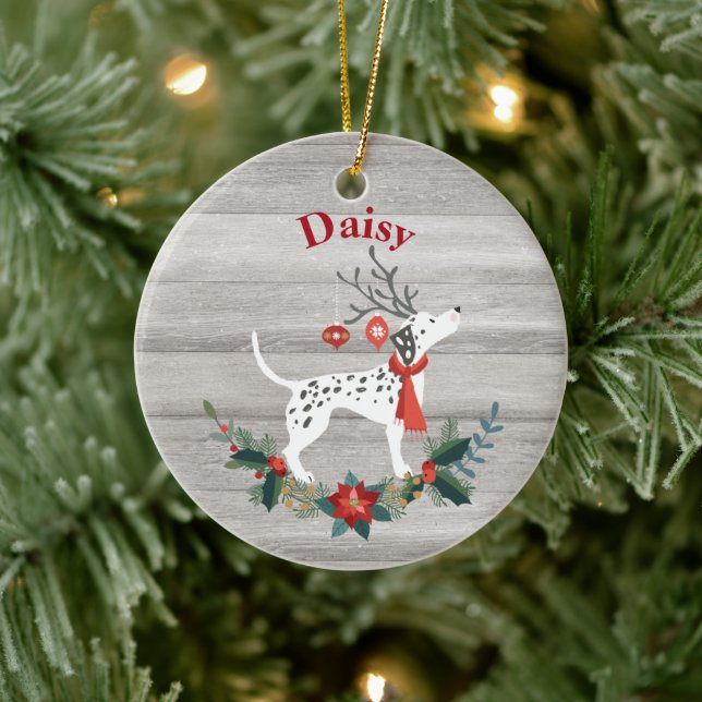 Rustic Christmas Dalmatian with Antlers & Greenery Ceramic Ornament (Tree)