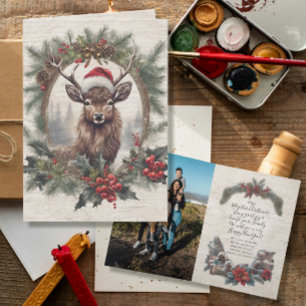Rustic Christmas Deer Antlers Wreath Family Photo Thank You Card