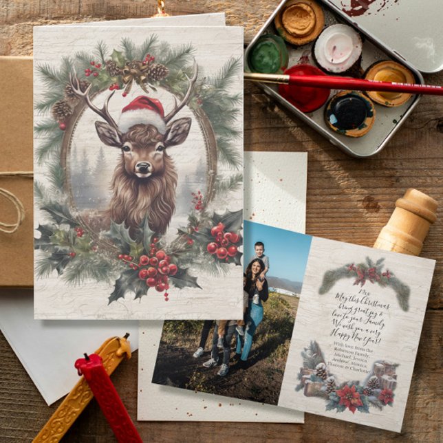 Rustic Christmas Deer Antlers Wreath Family Photo Thank You Card (Creator Uploaded)