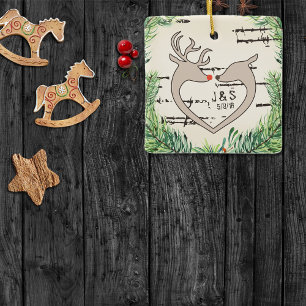 Rustic Christmas Deer Silhouette Heart Ceramic Ornament