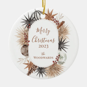 Rustic Christmas Design Featuring Family Name Ceramic Ornament