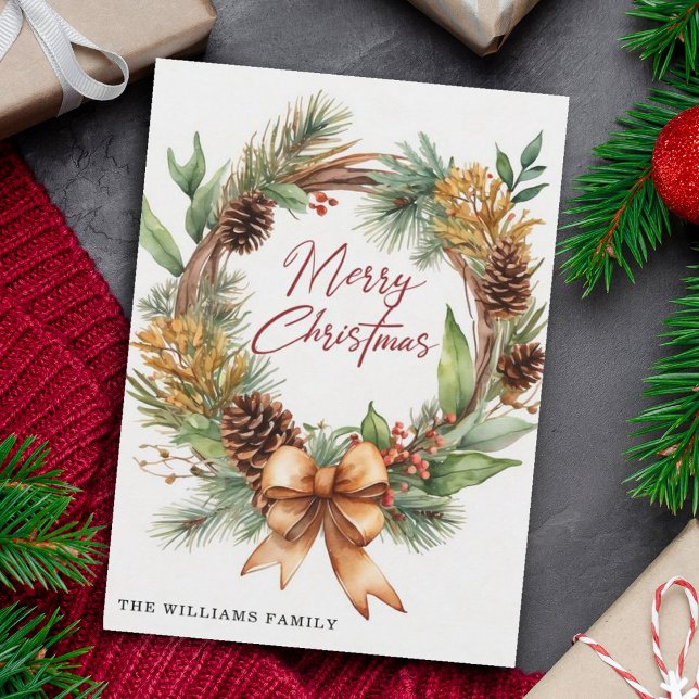 Rustic Christmas Dried Floral Pinecone Wreath  Holiday Card (Creator Uploaded)