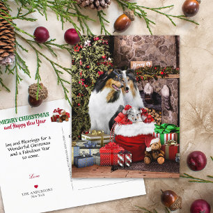Rustic Christmas Eve, Rough Collie Dogs - Holiday Postcard