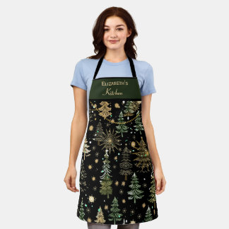 Rustic Christmas Evergreen Trees Green and Gold Apron