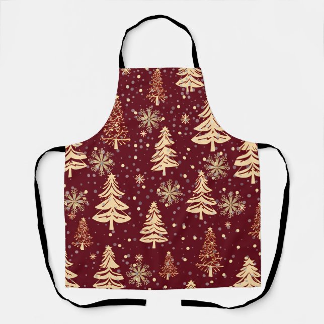 Rustic Christmas Evergreen Trees Red and Gold Apron (Front)