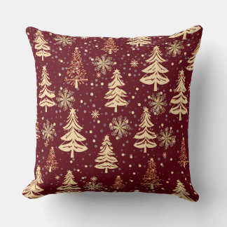 Rustic Christmas Evergreen Trees Red and Gold Cushion