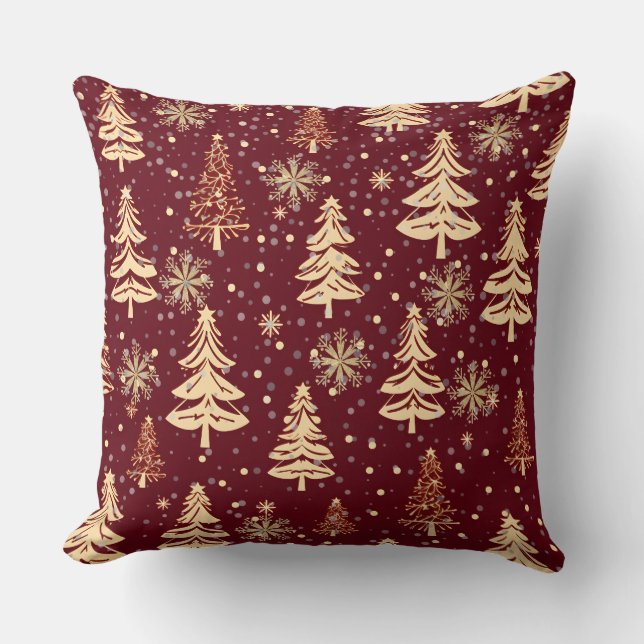 Rustic Christmas Evergreen Trees Red and Gold Cushion (Front)