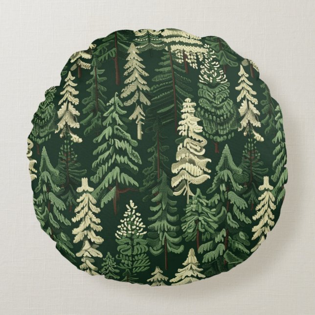 Rustic Christmas Evergreen Trees Round Cushion (Front)