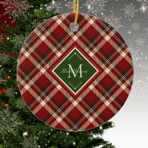 Rustic Christmas Family Monogram Green Red Plaid Ceramic Ornament