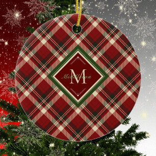 Rustic Christmas Family Monogram Red Green Plaid Ceramic Ornament